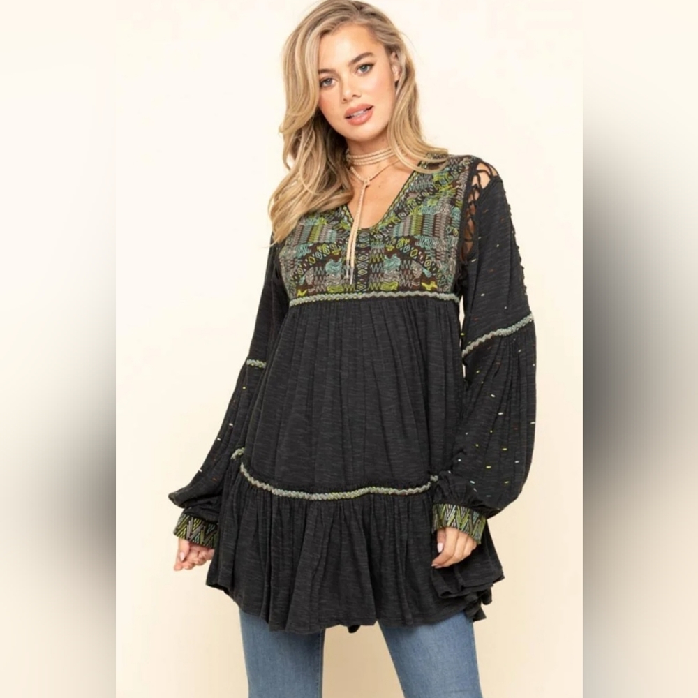 Free People Much Love Embroidered Front Yoke Tunic Washed Black SIZE M OB1060997